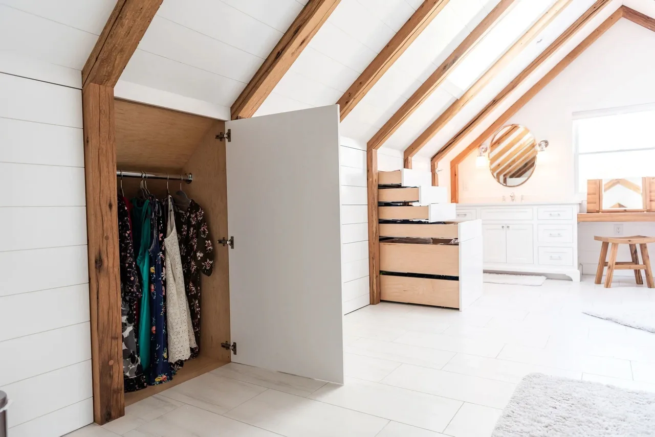 attic bath closet with exposed beams and pull-out drawers, Built-Ins & Furniture