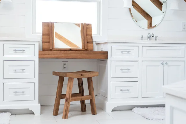 Kitchens & Vanities: white inset vanity with shiplap and stool, Kitchens & Vanities