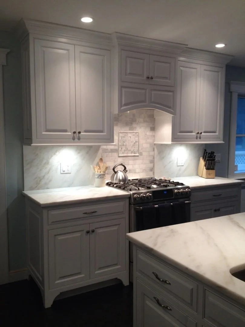 gray kitchen cabinets with marble backsplash, Kitchens & Vanities