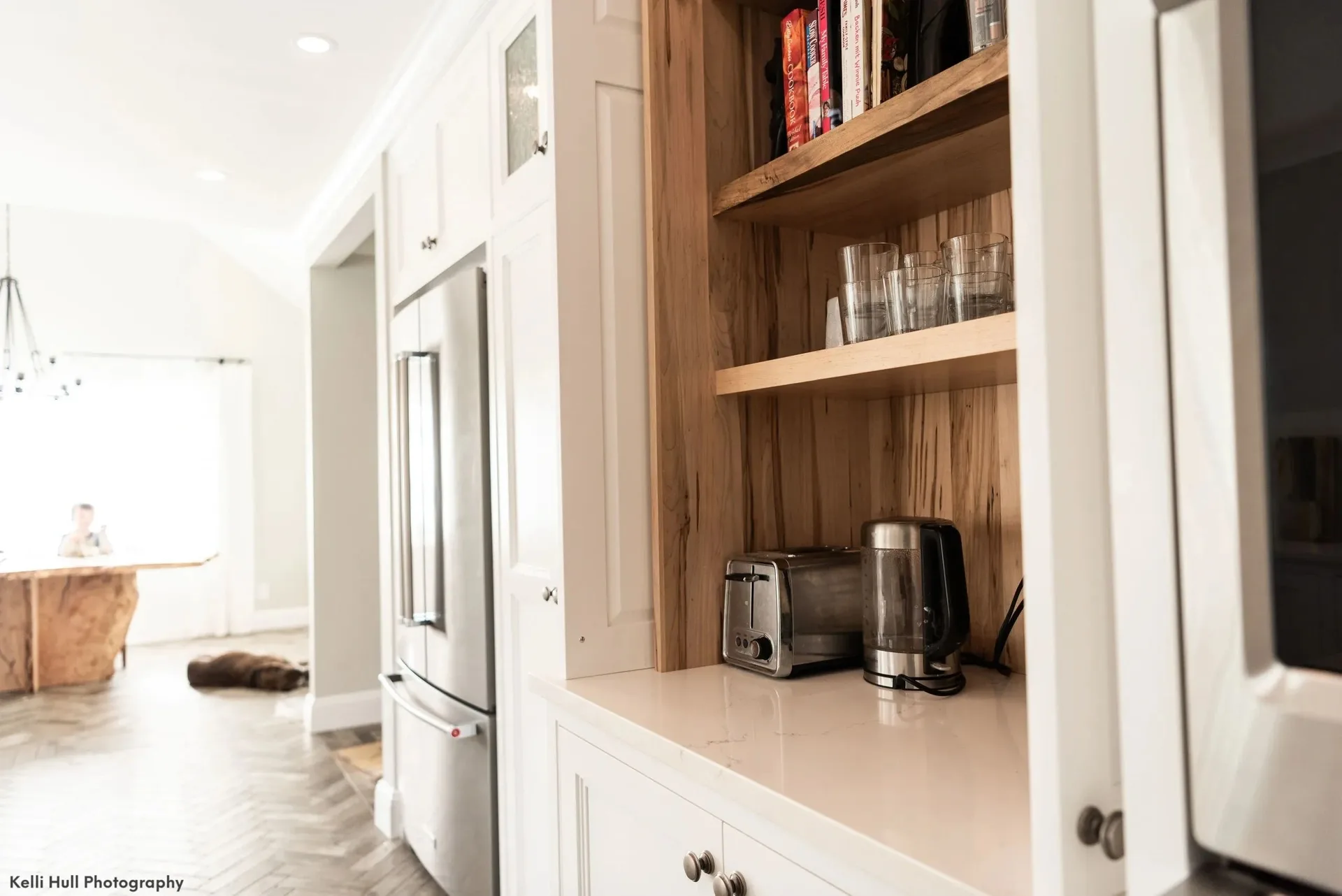 kitchen with live-edge slab and tall built-in shelves, Kitchens & Vanities