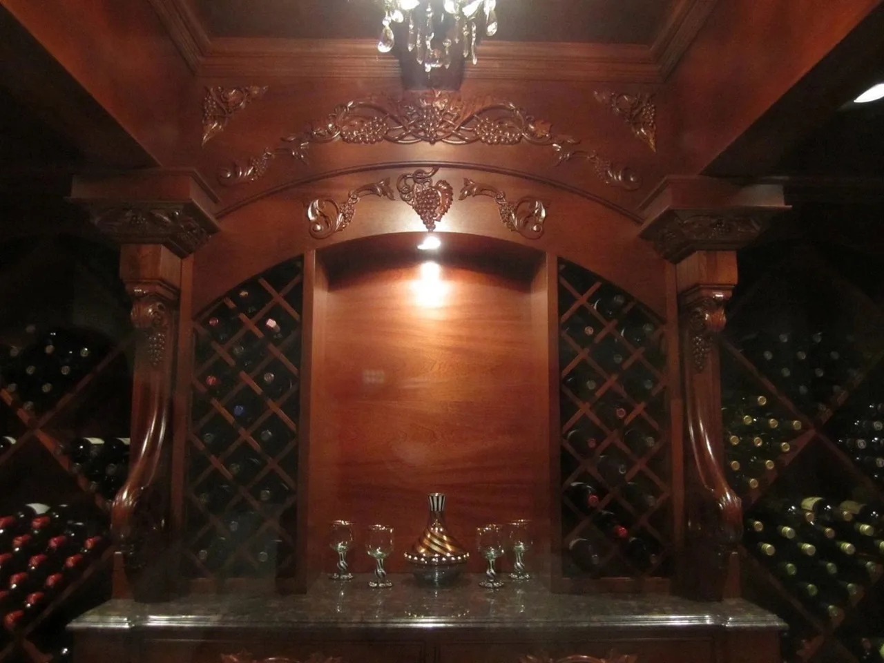 carved mahogany wine alcove with chandelier, Built-Ins & Furniture