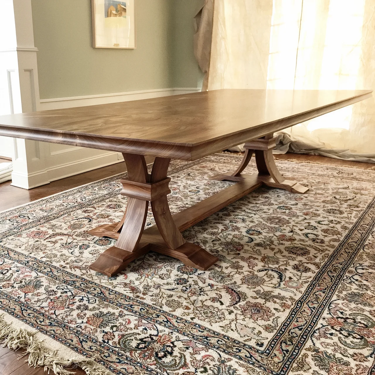 walnut trestle dining table on rug, Custom Tables