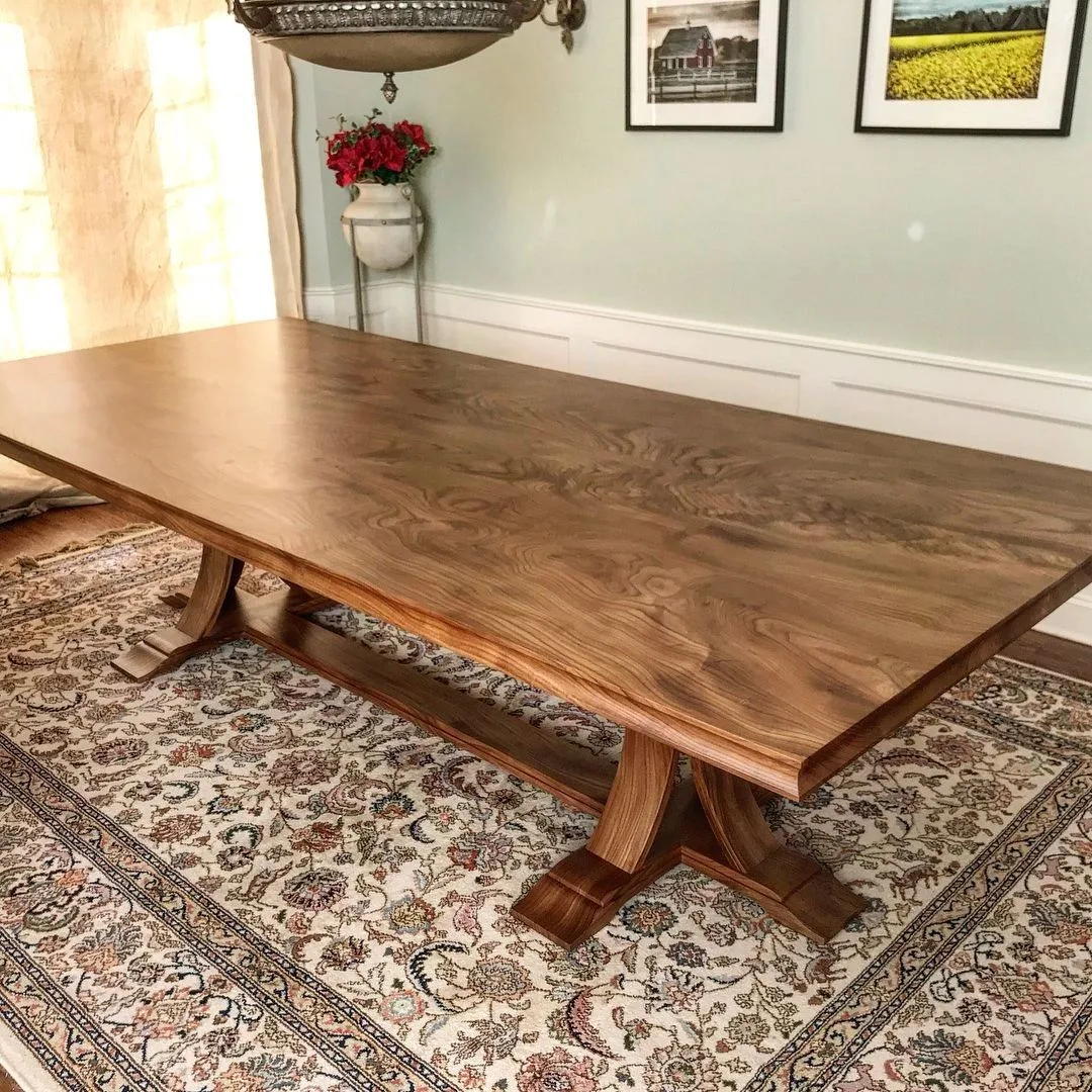 walnut table with trestle base in dining room, Custom Tables