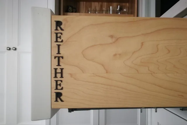Custom Through Tenon Joinery and Carvings: drawer front engraved REITHER, Custom Through Tenon Joinery and Carvings